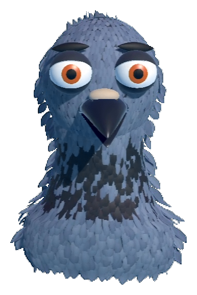 Bob, a blue pigeon with orange eyes