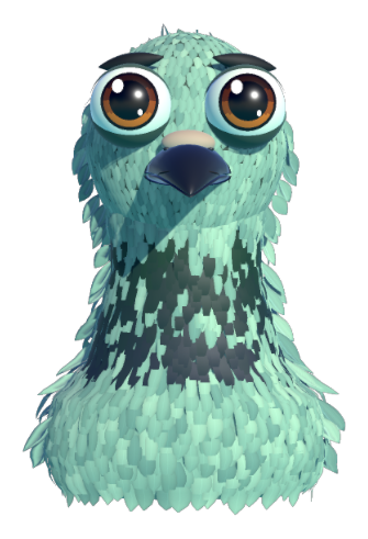 Johnny, the small mint-green pigeon with big brown eyes
