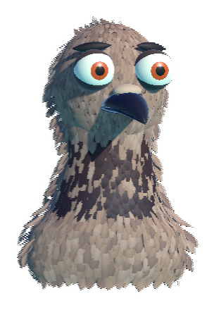 Rob, a warm brown pigeon with orange eyes